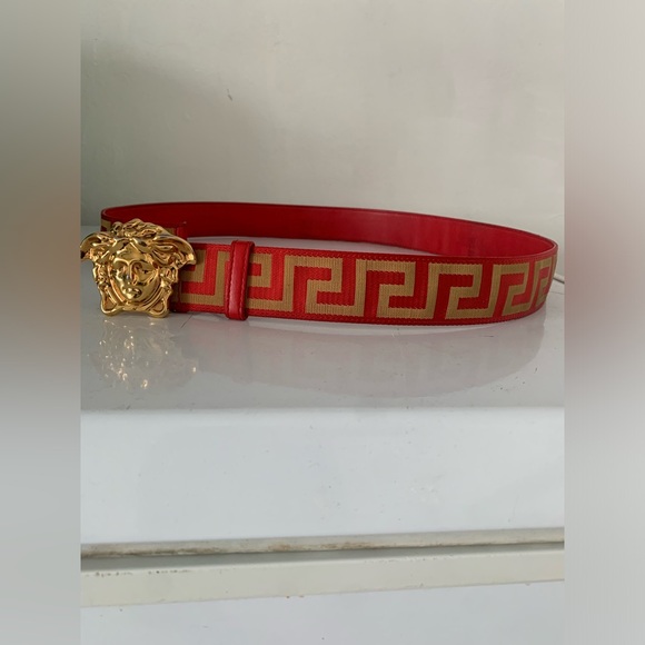Versace First Line La Medusa La Greca Red/Gold Web Belt side 30/35 waist - Picture 3 of 3